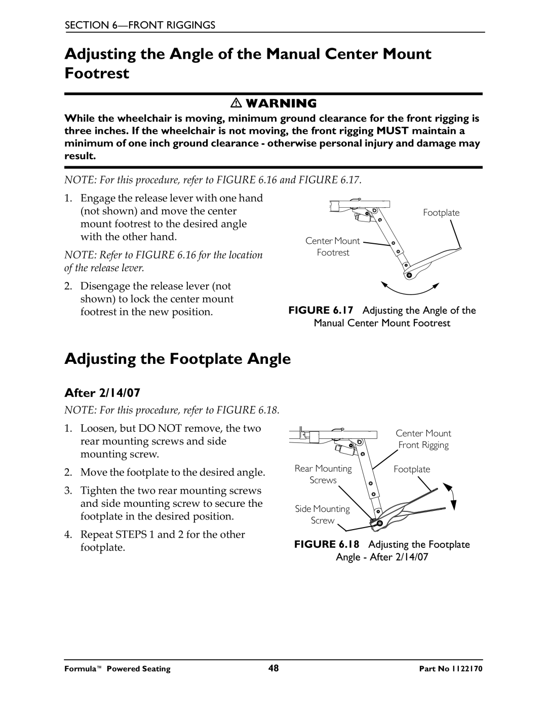 Invacare Powered Seating manual Adjusting the Angle of the Manual Center Mount Footrest, Adjusting the Footplate Angle 