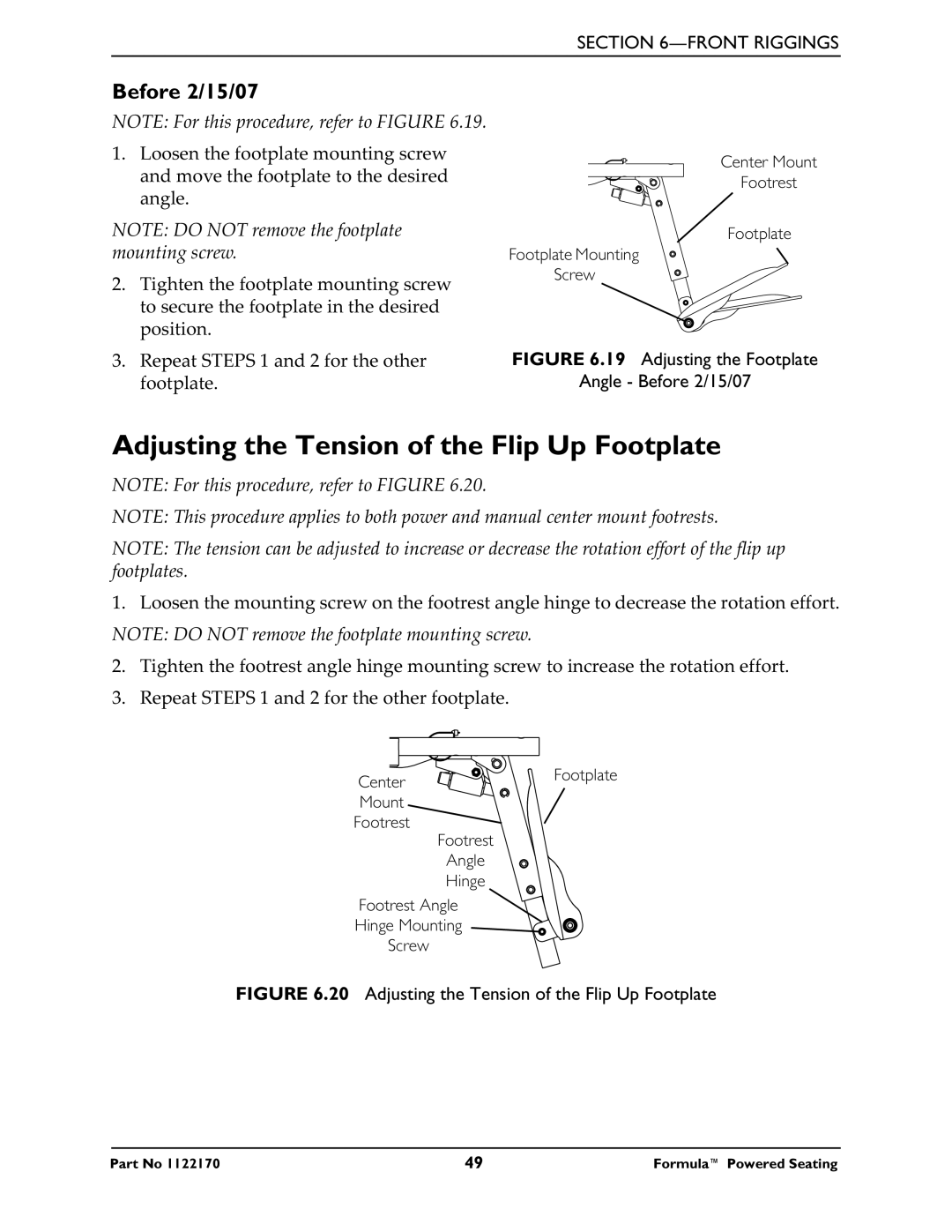 Invacare Powered Seating manual Adjusting the Tension of the Flip Up Footplate, Before 2/15/07 