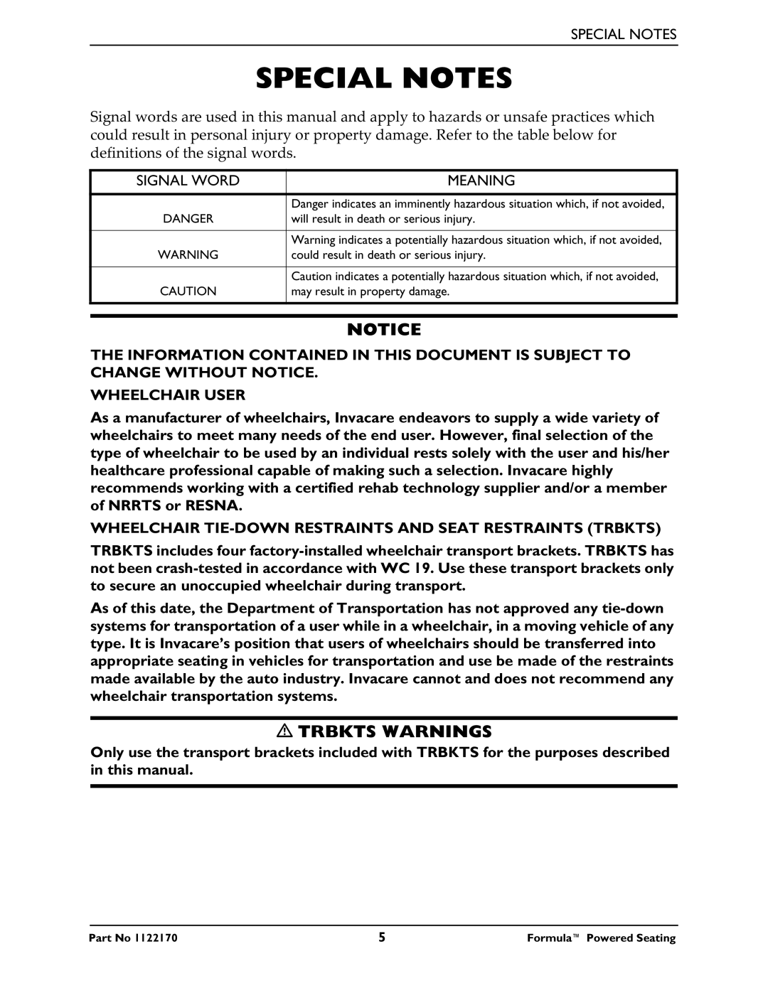 Invacare Powered Seating Special Notes, Signal Word Meaning, Wheelchair TIE-DOWN Restraints and Seat Restraints Trbkts 