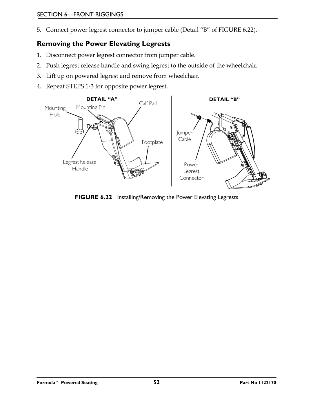 Invacare Powered Seating manual Installing/Removing the Power Elevating Legrests 