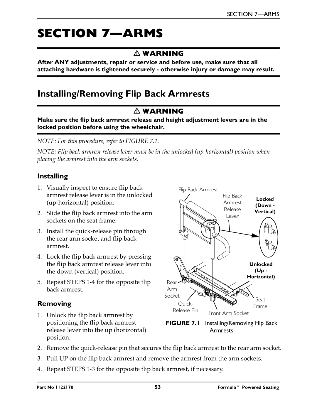 Invacare Powered Seating manual Arms, Installing/Removing Flip Back Armrests 