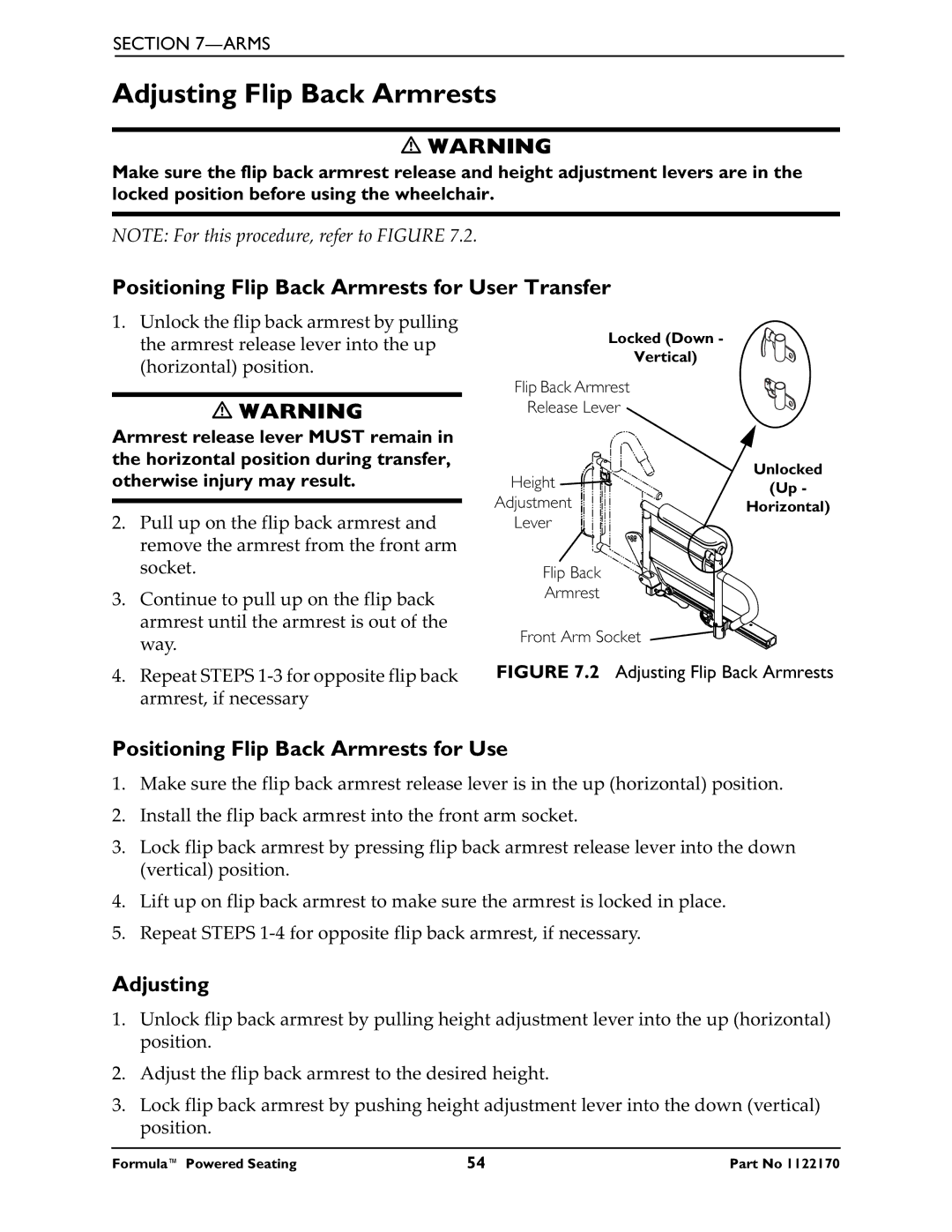 Invacare Powered Seating manual Adjusting Flip Back Armrests, Positioning Flip Back Armrests for User Transfer 