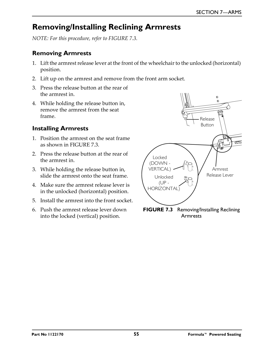 Invacare Powered Seating manual Removing/Installing Reclining Armrests, Removing Armrests, Installing Armrests 