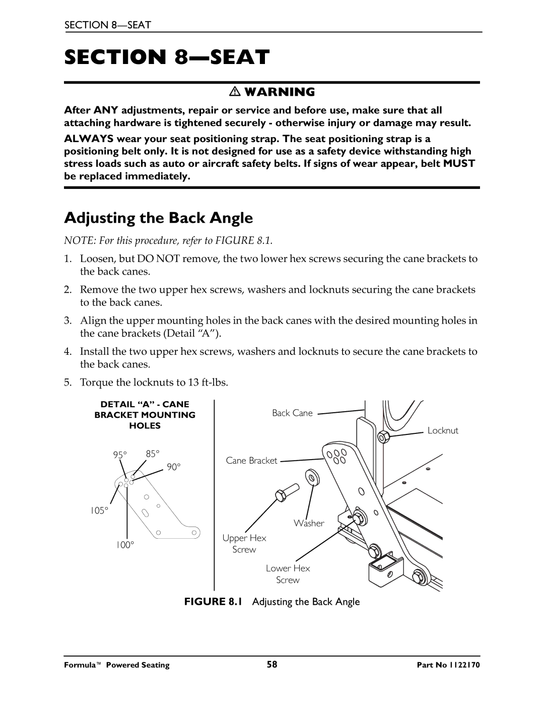 Invacare Powered Seating manual Adjusting the Back Angle 