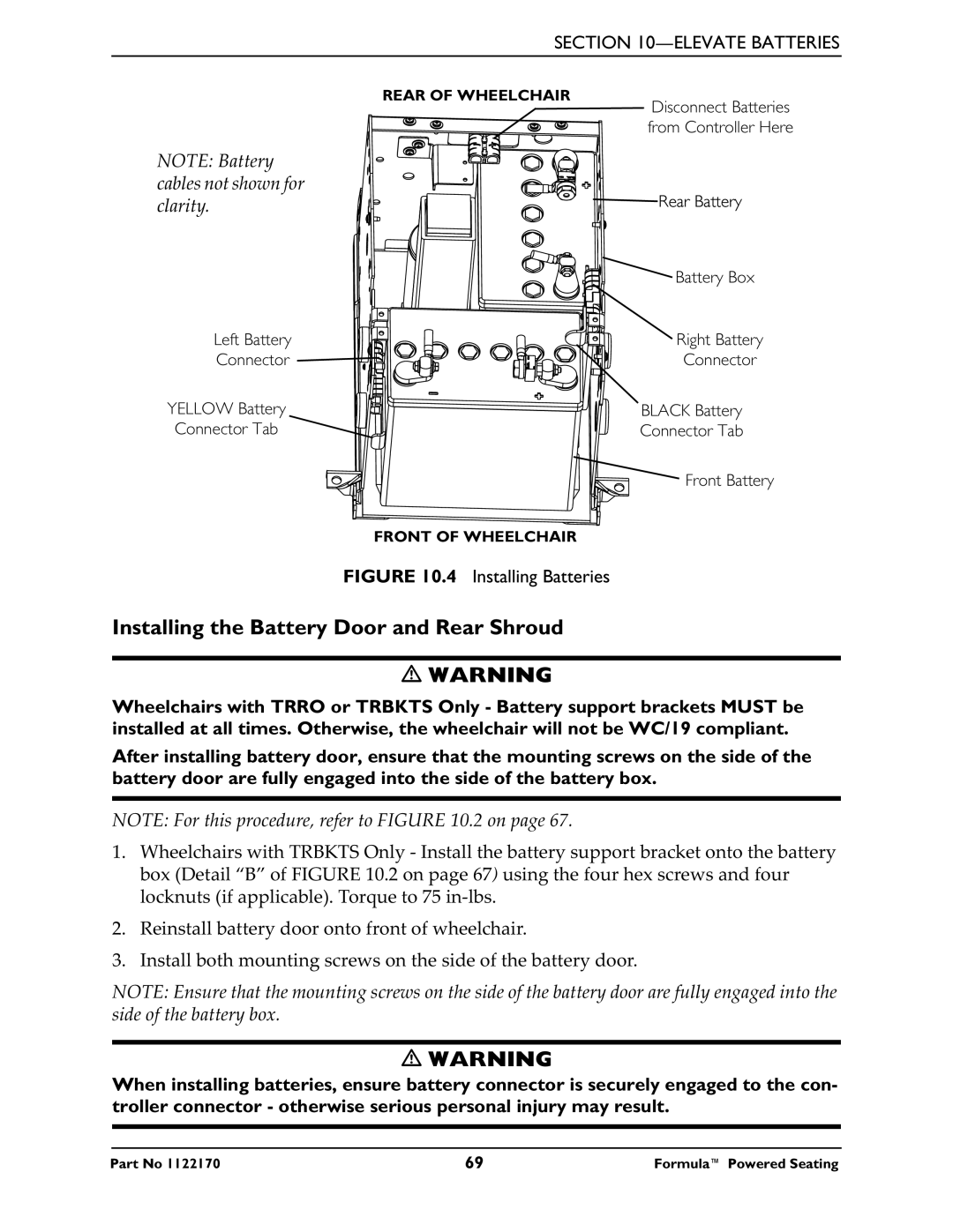 Invacare Powered Seating manual Installing the Battery Door and Rear Shroud, Installing Batteries 