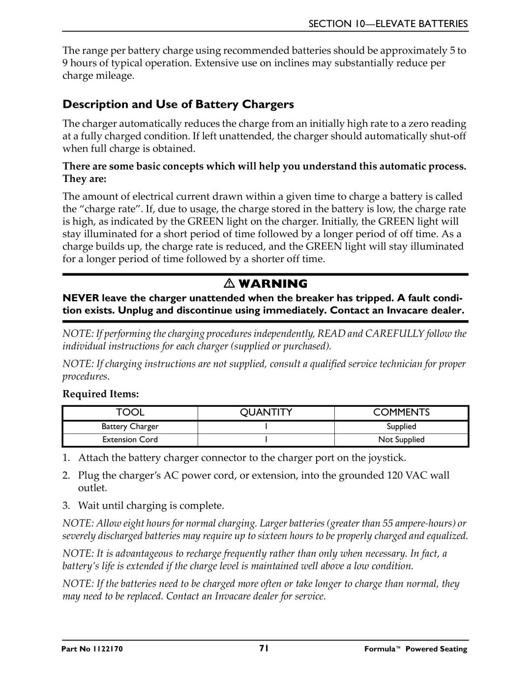 Invacare Powered Seating manual Description and Use of Battery Chargers, Tool Quantity Comments 