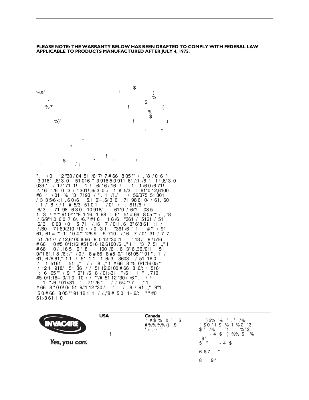 Invacare Powered Seating manual Canada Limited Warranty, Usa 