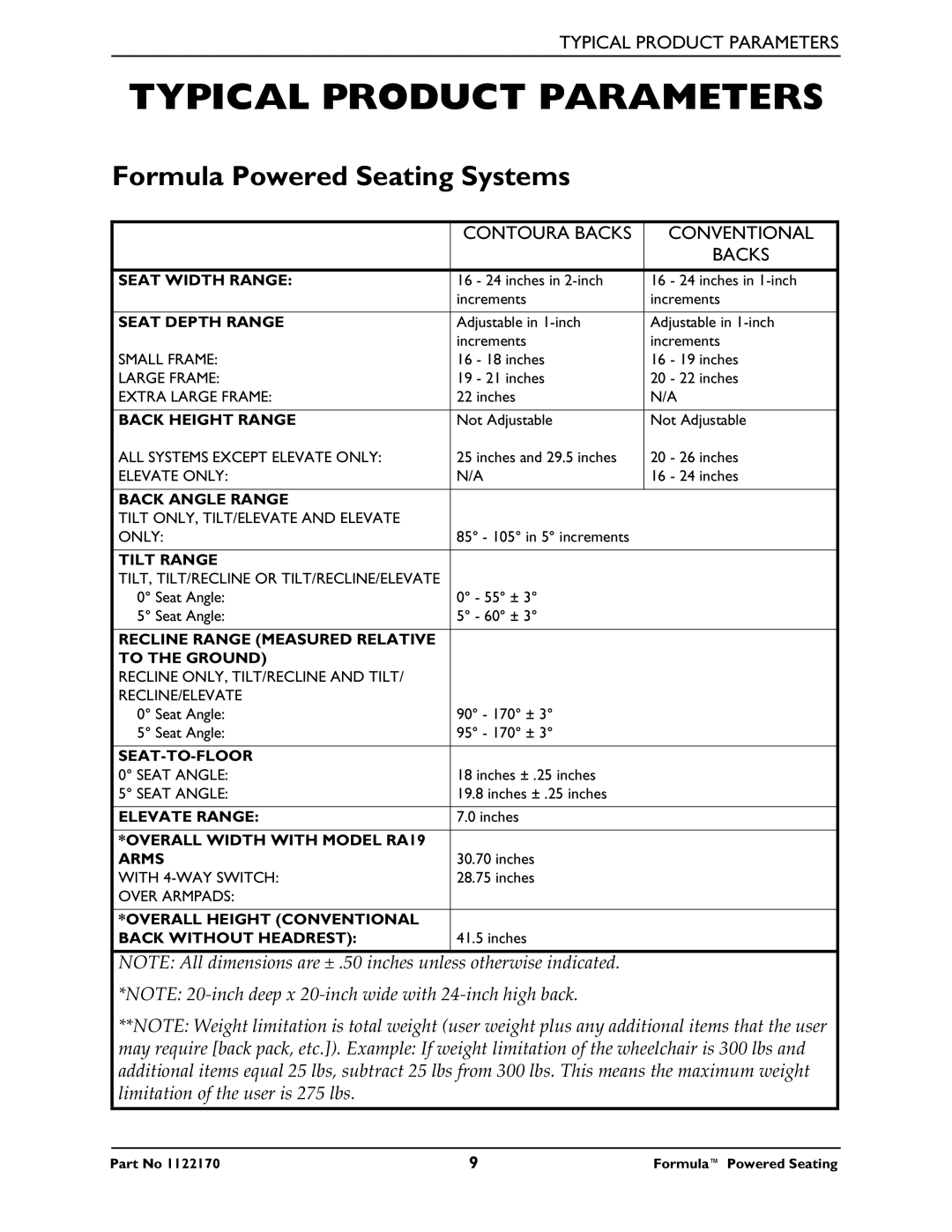 Invacare manual Typical Product Parameters, Formula Powered Seating Systems, Contoura Backs Conventional 