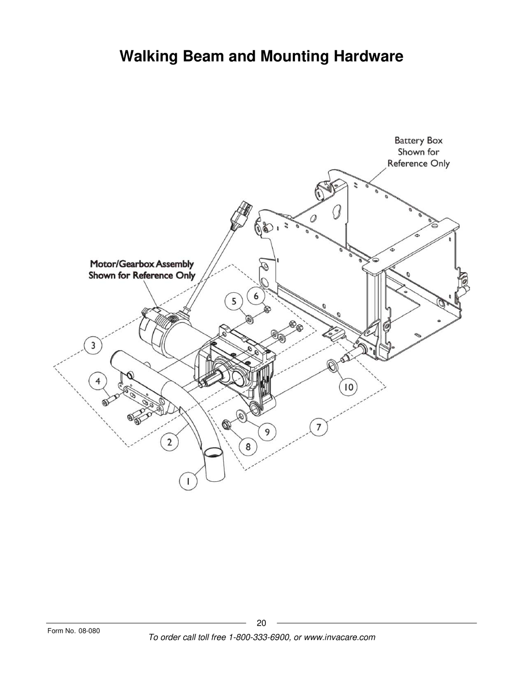 Invacare Powered Wheelchair manual Walking Beam and Mounting Hardware 