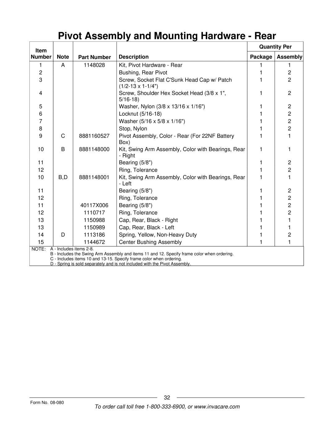 Invacare Powered Wheelchair manual Quantity Per Number Part Number Description Package Assembly 