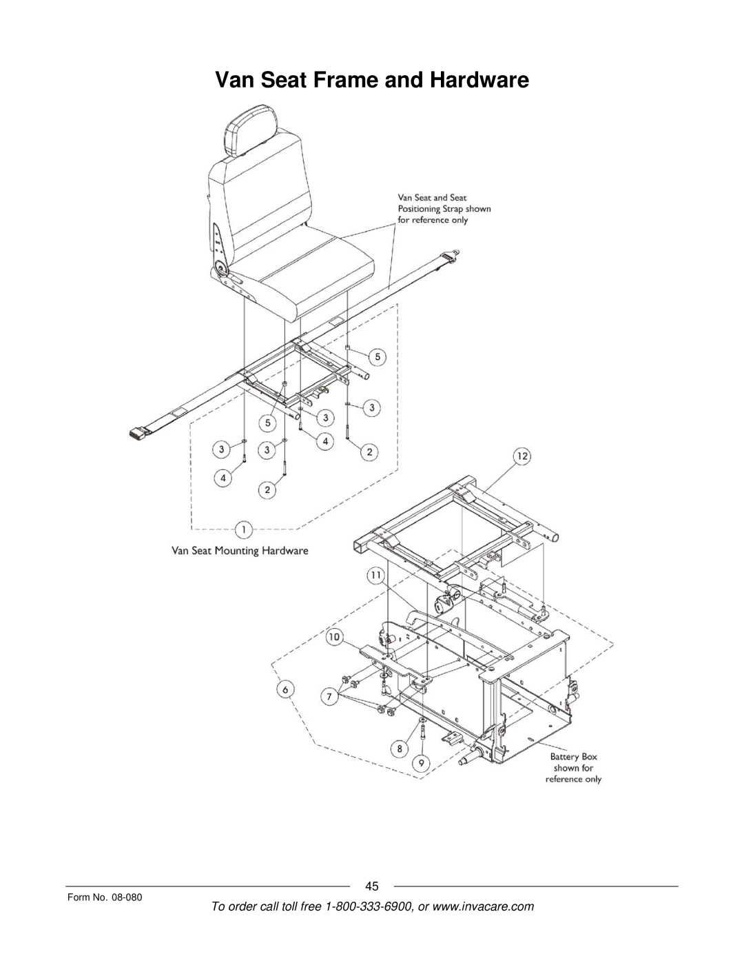 Invacare Powered Wheelchair manual Van Seat Frame and Hardware 