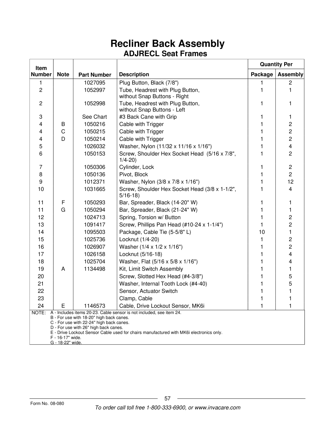 Invacare Powered Wheelchair manual Quantity Per Number Part Number Description Package Assembly 