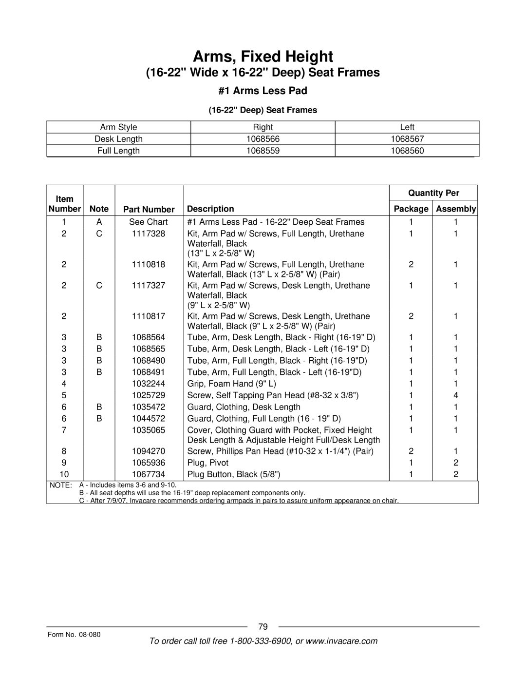 Invacare Powered Wheelchair manual #1 Arms Less Pad 