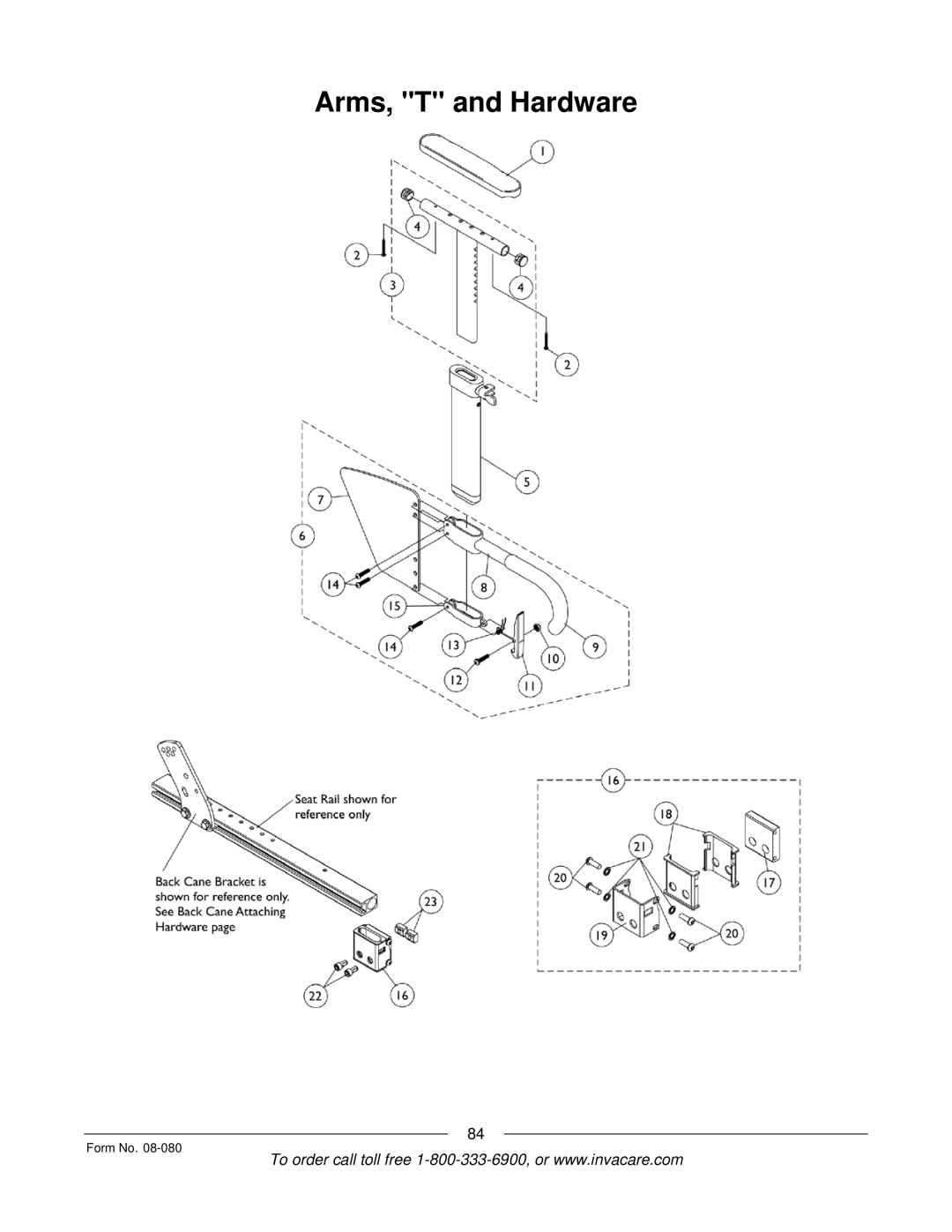 Invacare Powered Wheelchair manual Arms, T and Hardware 