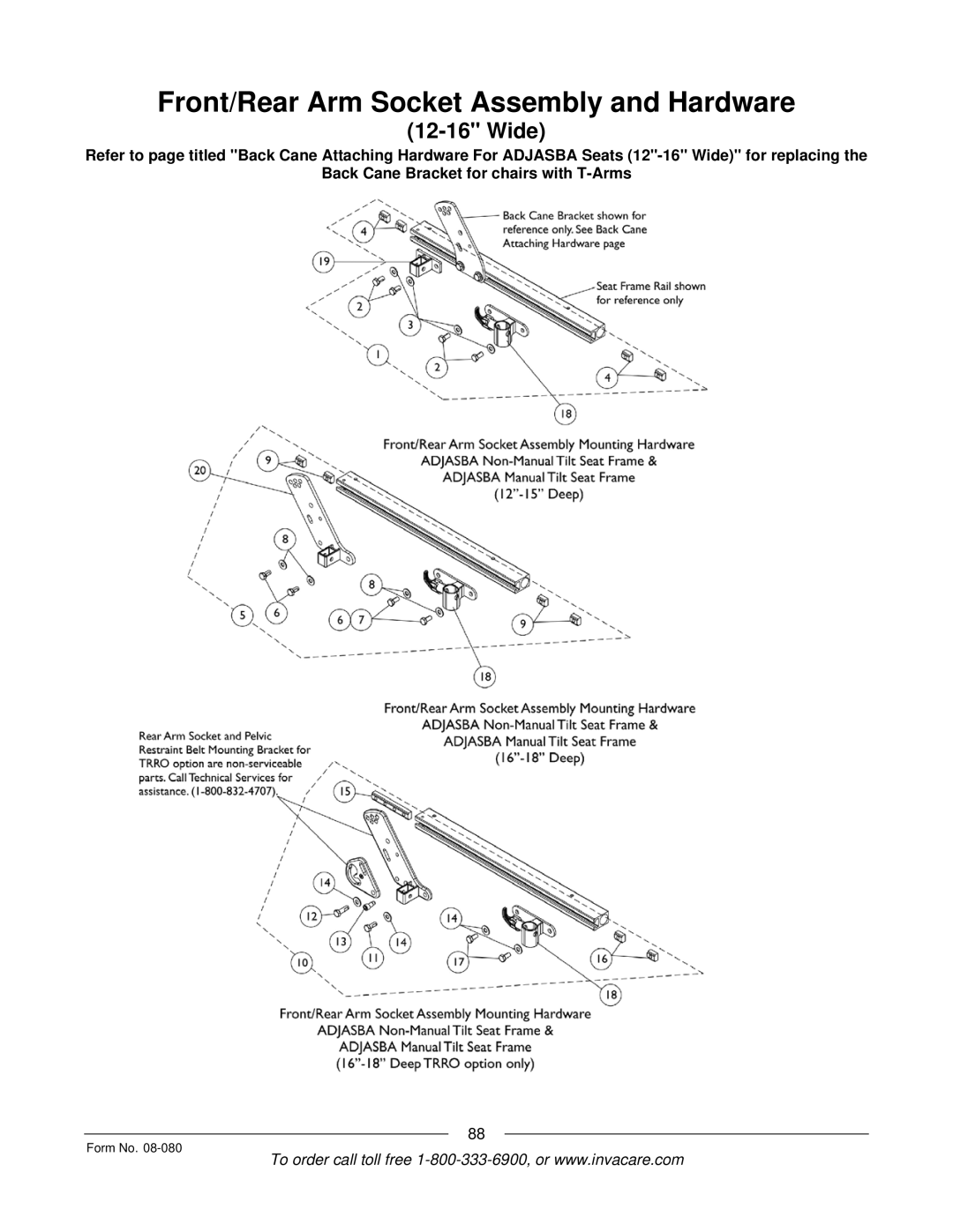 Invacare Powered Wheelchair manual Front/Rear Arm Socket Assembly and Hardware 