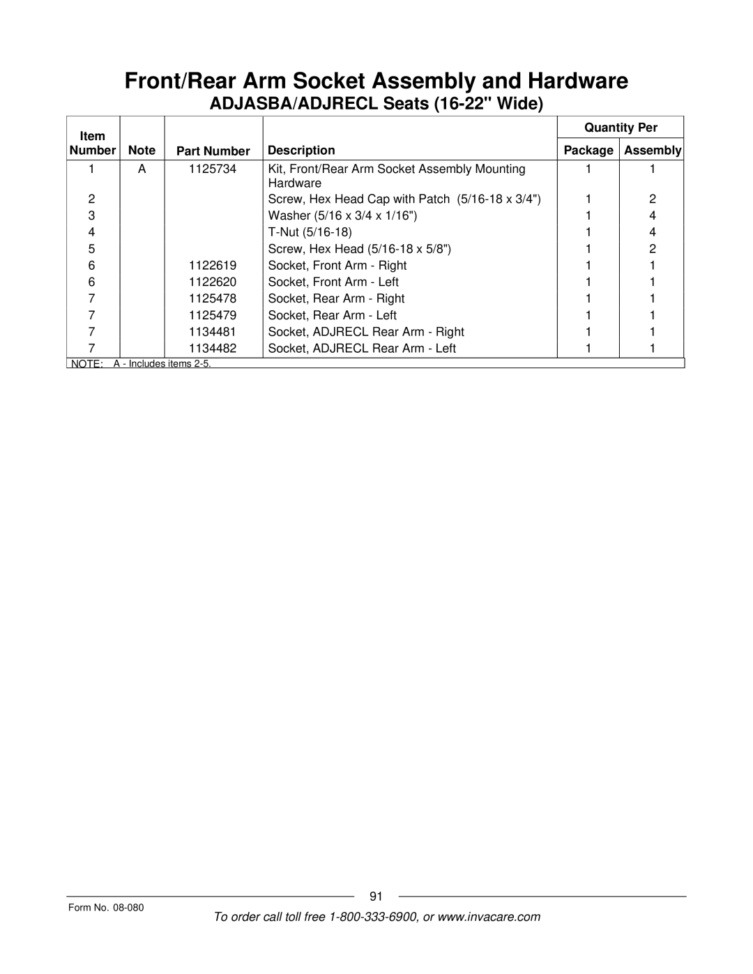 Invacare Powered Wheelchair manual Quantity Per Number Part Number Description Package Assembly 