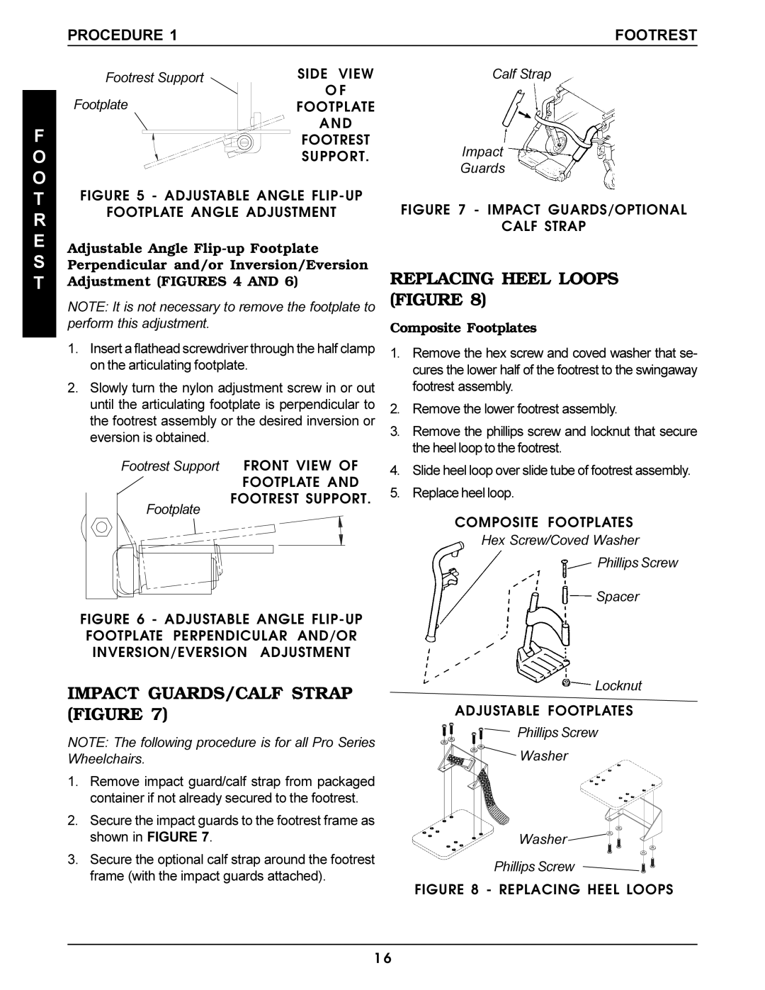 Invacare Pro Series manual Replacing Heel Loops Figure, Impact GUARDS/CALF Strap Figure, Composite Footplates 