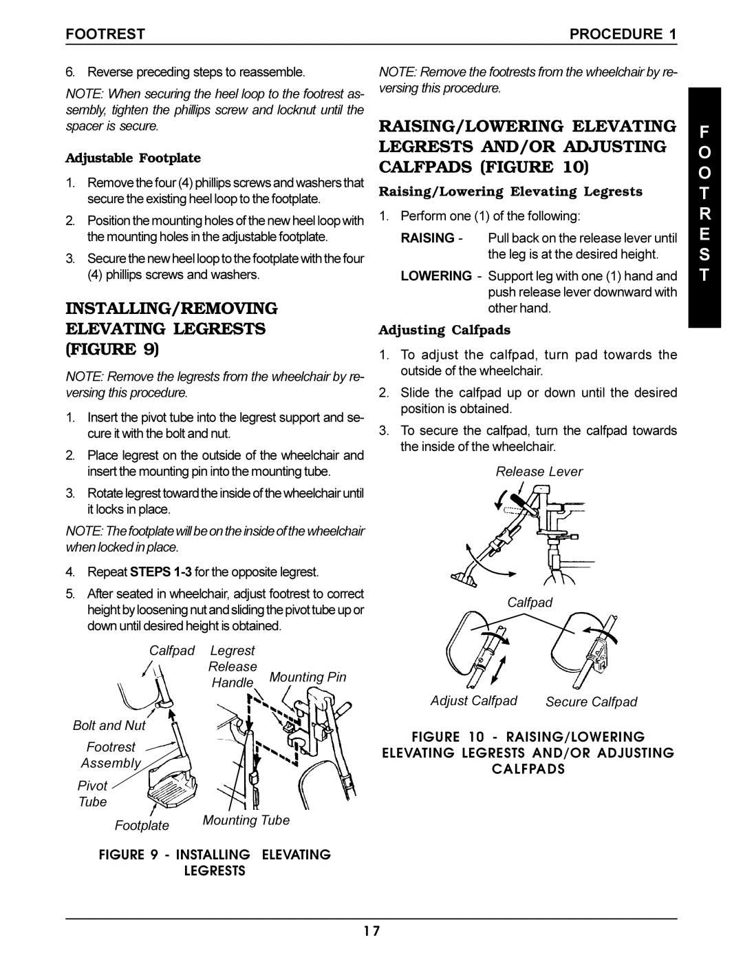 Invacare Pro Series manual INSTALLING/REMOVING Elevating Legrests Figure, Adjustable Footplate, Adjusting Calfpads 