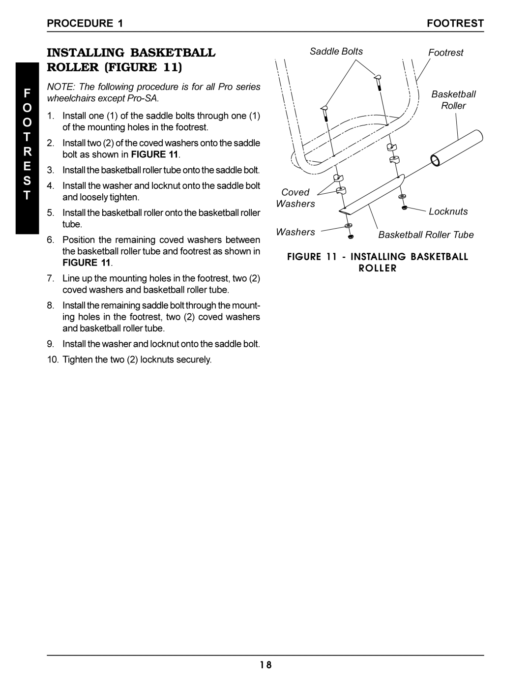 Invacare Pro Series Installing Basketball Roller Figure, Saddle Bolts Footrest, Coved Washers Basketball Roller Locknuts 