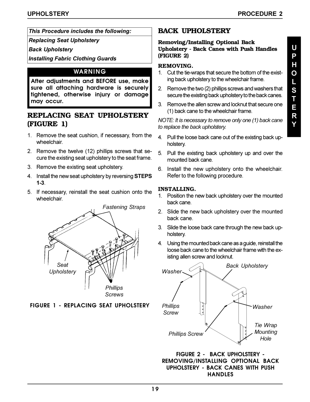 Invacare Pro Series manual Replacing Seat Upholstery Figure, Back Upholstery, H O L S T E R Y, Upholstery Procedure 