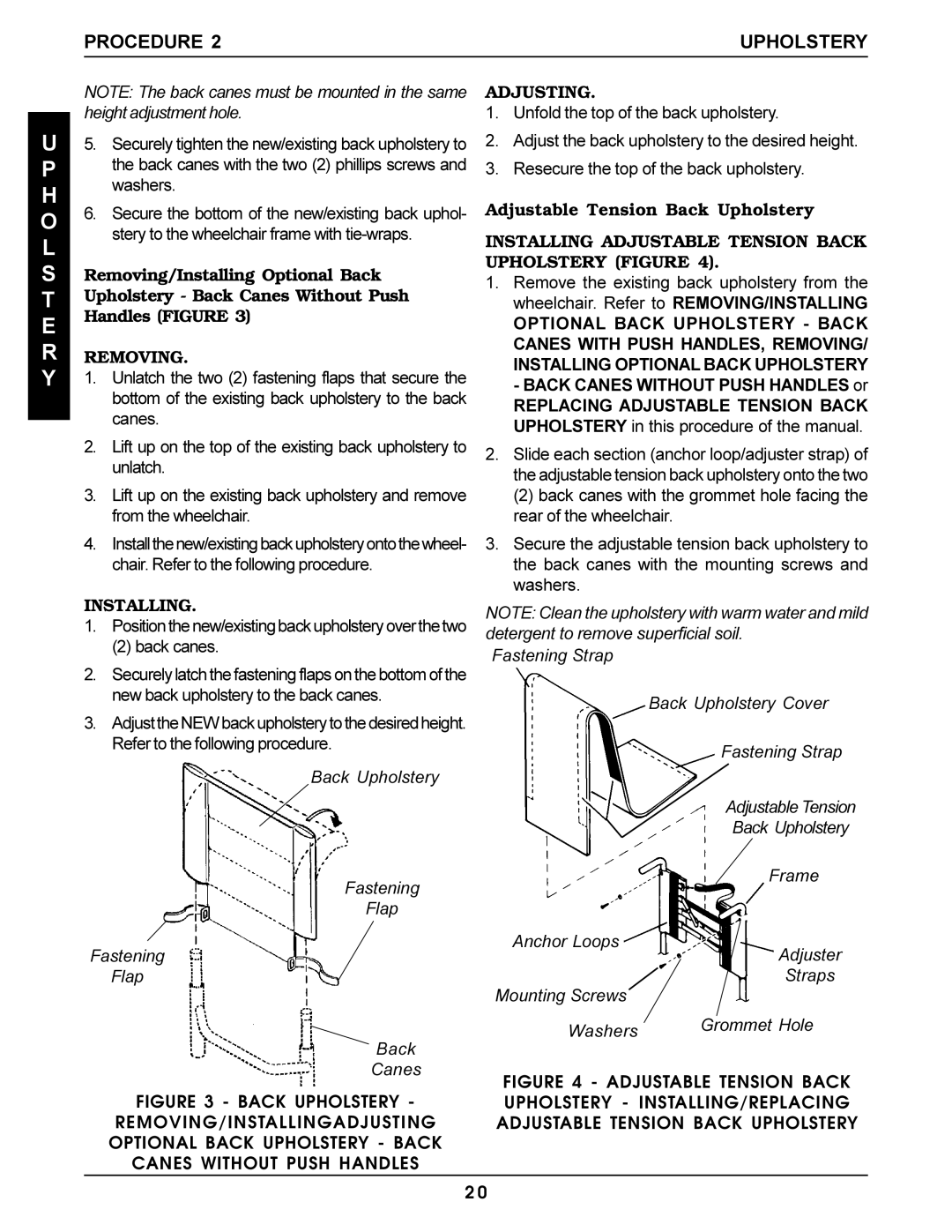 Invacare Pro Series manual Back canes, Back Upholstery Fastening Flap Canes, Adjusting, Adjustable Tension Back Upholstery 