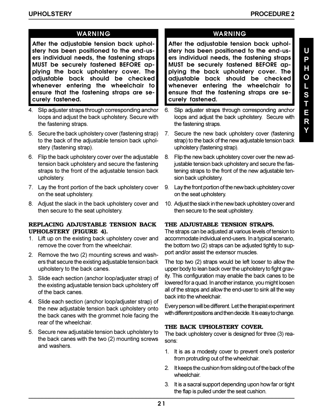 Invacare Pro Series manual H O L S T, Replacing Adjustable Tension Back Upholstery Figure, Adjustable Tension Straps 