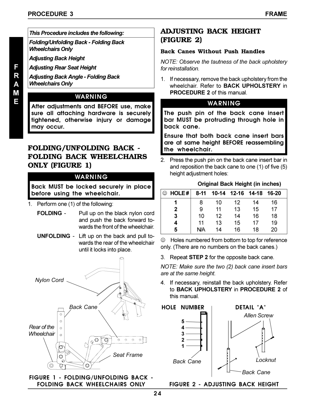 Invacare Pro Series manual M E, FOLDING/UNFOLDING Back Folding Back Wheelchairs only Figure, Adjusting Back Height Figure 