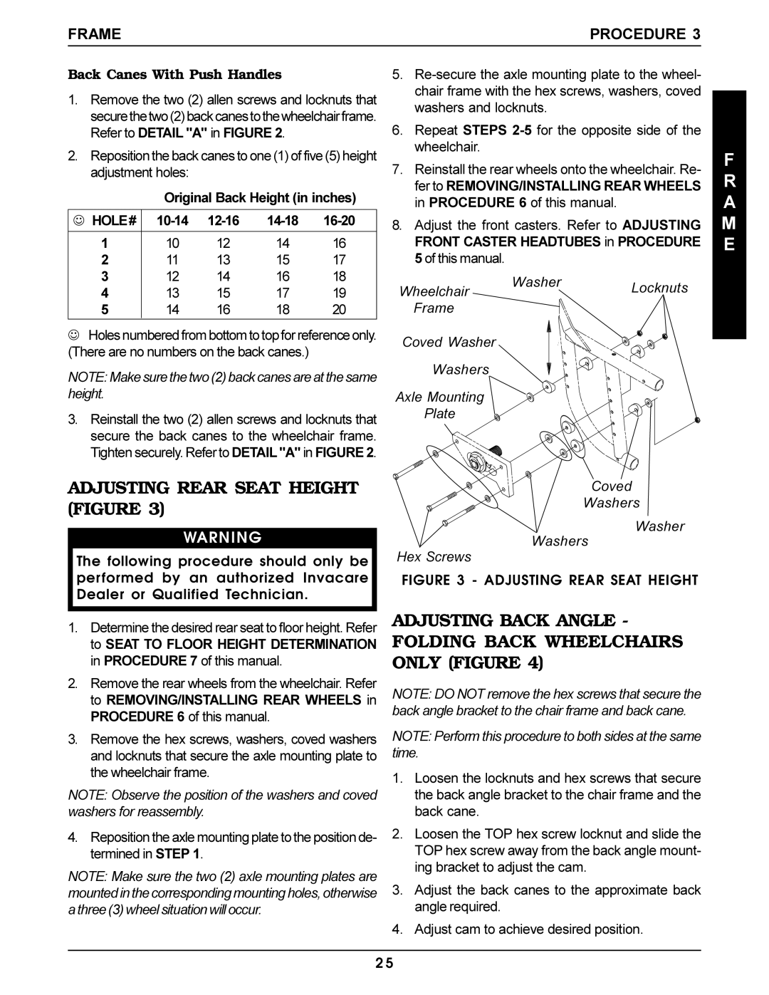 Invacare Pro Series manual Adjusting Rear Seat Height Figure, Adjusting Back Angle Folding Back Wheelchairs only Figure 