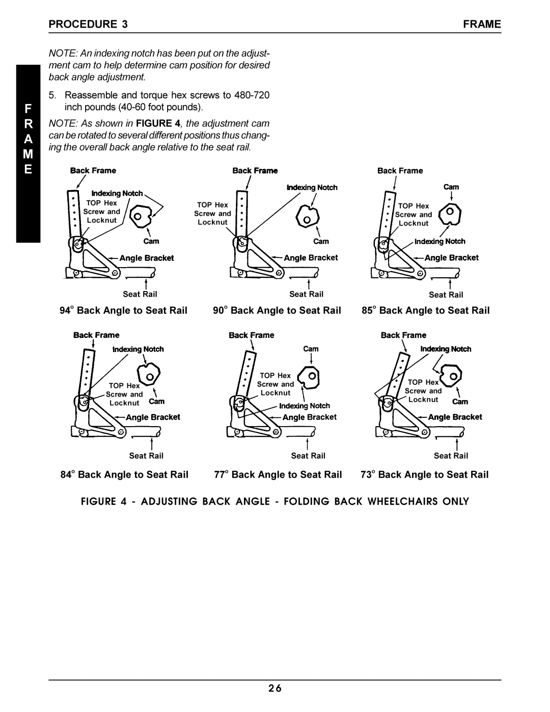 Invacare Pro Series manual Back Angle to Seat Rail 