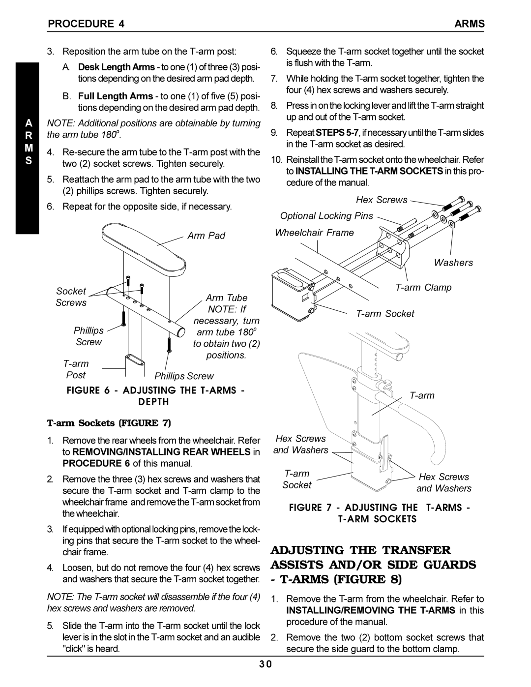 Invacare Pro Series manual Reposition the arm tube on the T-arm post, Arm Sockets Figure, Arm Clamp Arm Socket 