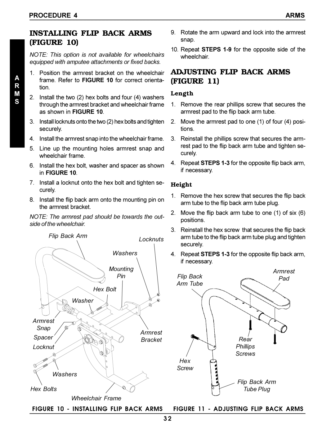 Invacare Pro Series manual Installing Flip Back Arms Figure, Adjusting Flip Back Arms Figure, Length, Height 