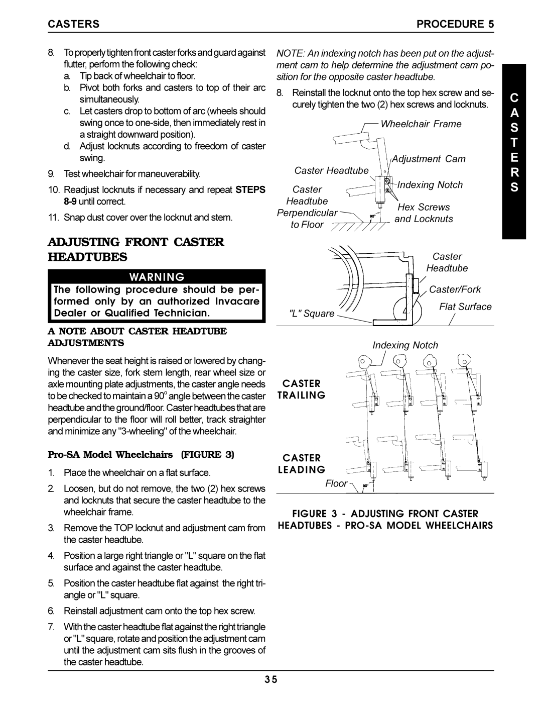 Invacare Pro Series manual Adjusting Front Caster Headtubes, Pro-SA Model Wheelchairs Figure 