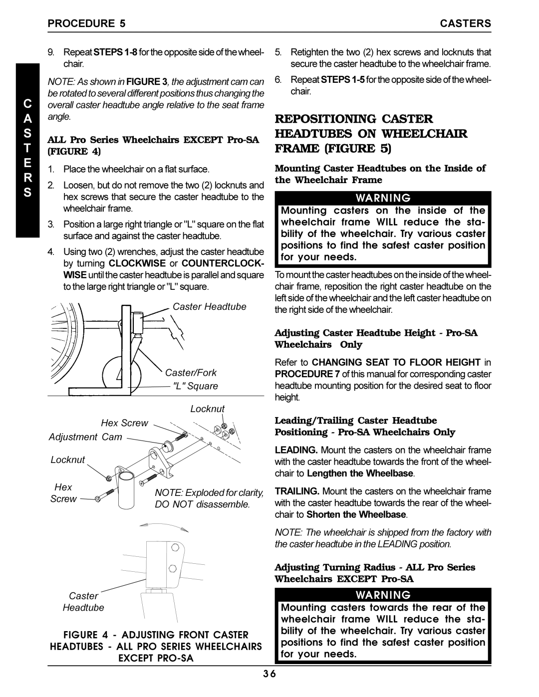 Invacare Pro Series manual Repositioning Caster Headtubes on Wheelchair Frame Figure 