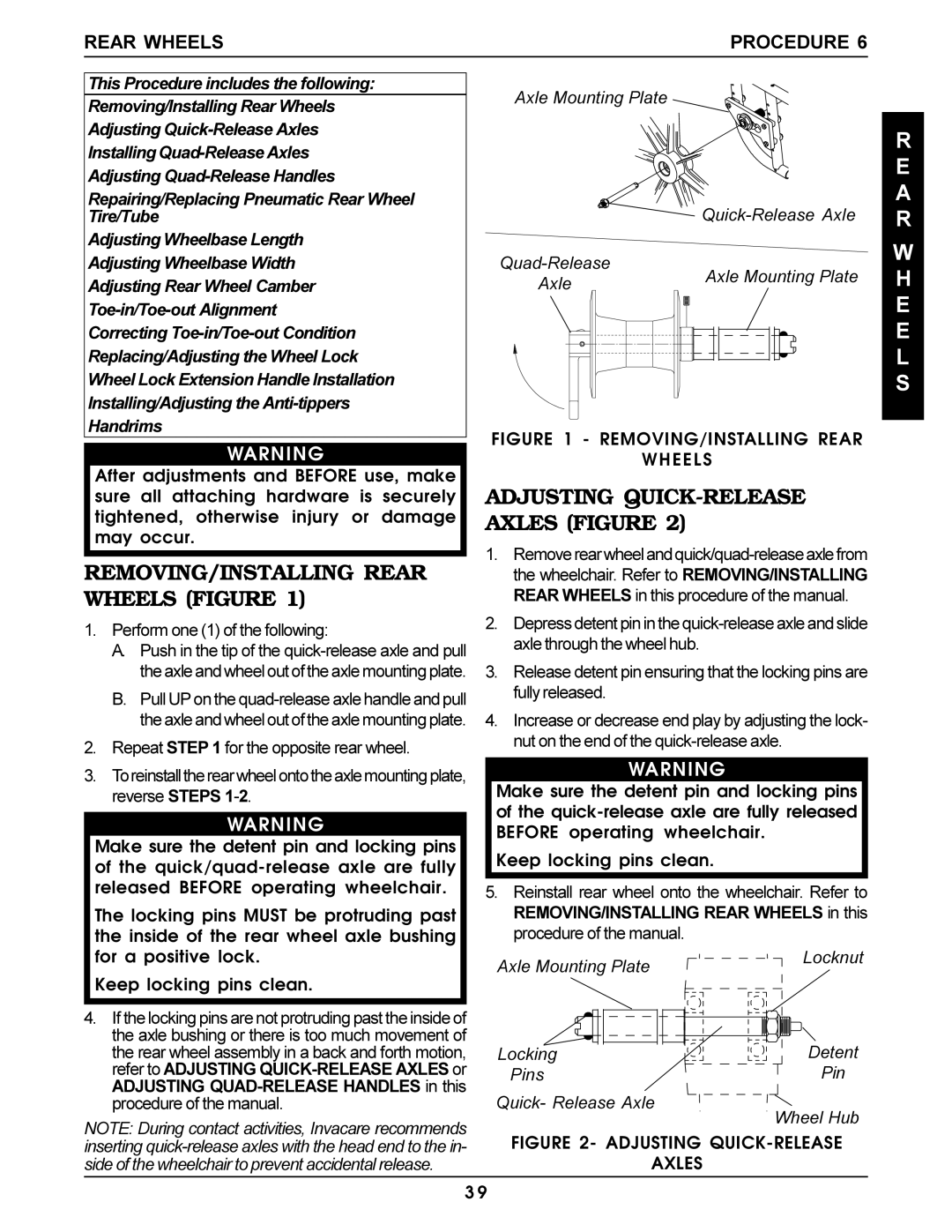 Invacare Pro Series REMOVING/INSTALLING Rear Wheels Figure, Adjusting QUICK-RELEASE Axles Figure, Rear Wheels Procedure 