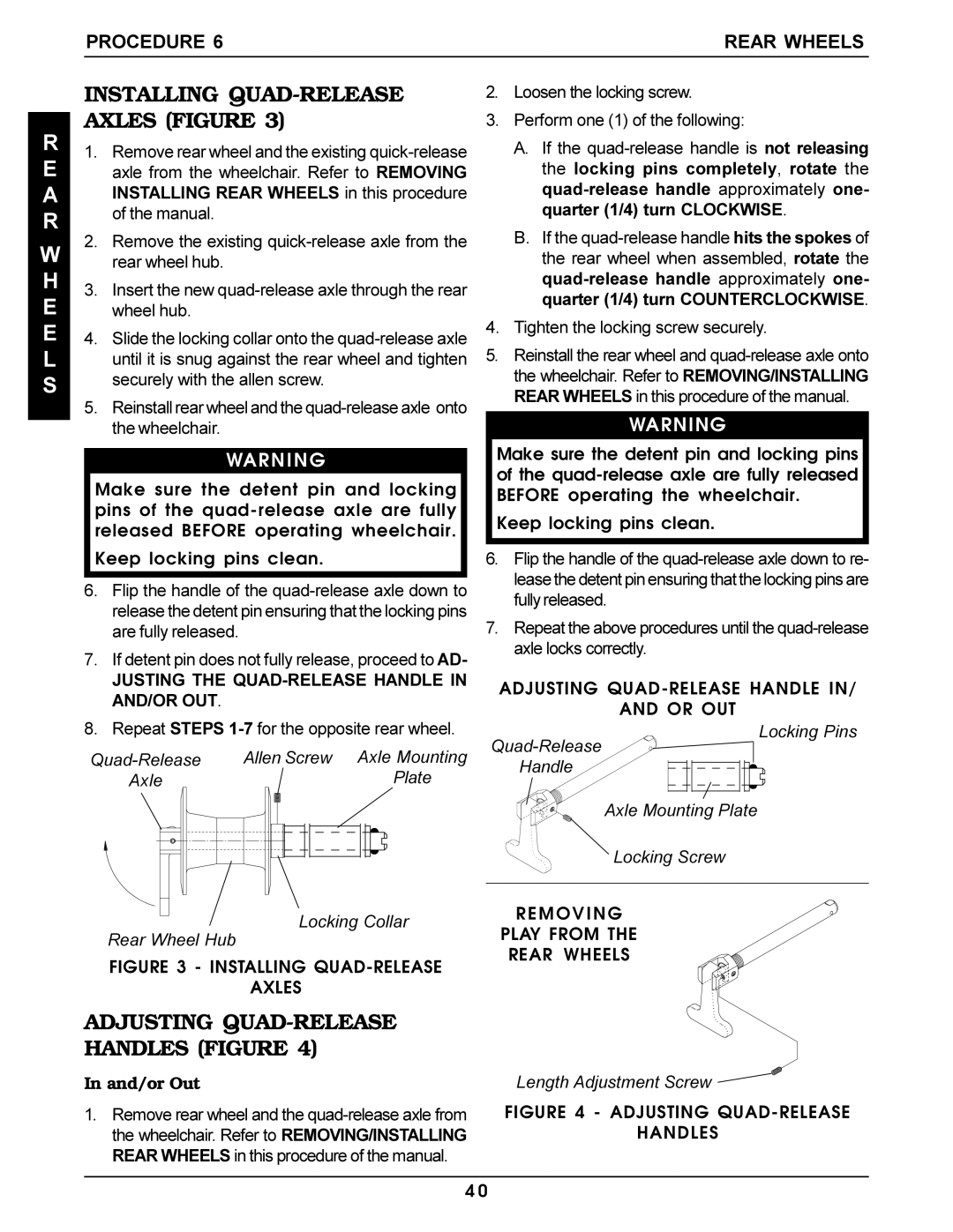 Invacare Pro Series Installing QUAD-RELEASE Axles Figure, Adjusting QUAD-RELEASE Handles Figure, Procedure Rear Wheels 