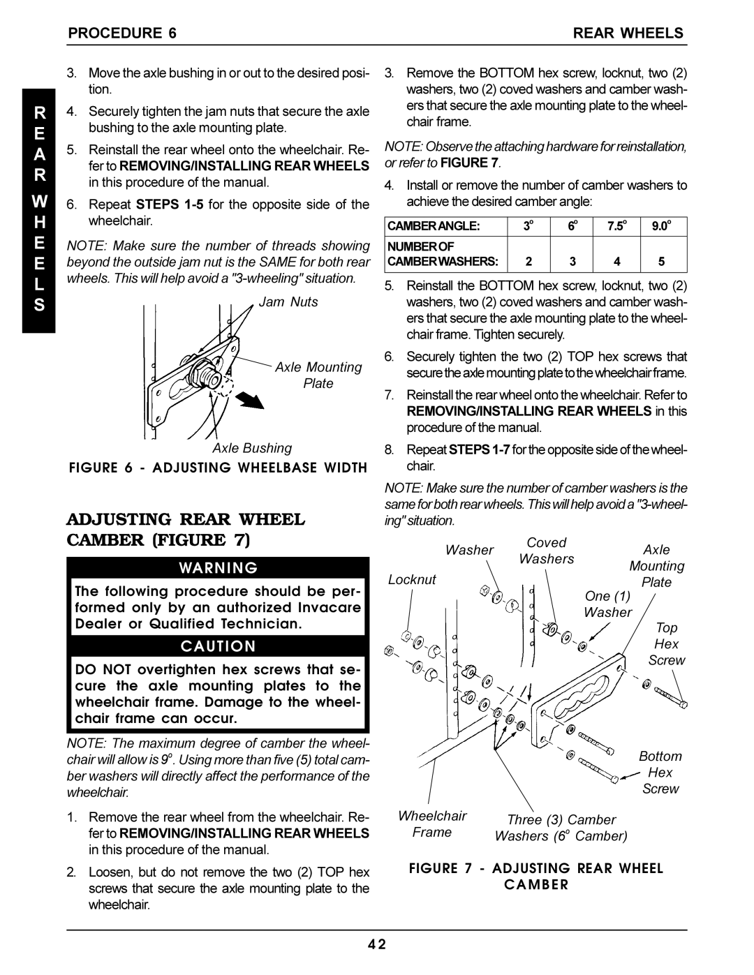 Invacare Pro Series manual Adjusting Rear Wheel Camber Figure, Jam Nuts Axle Mounting Plate Axle Bushing 