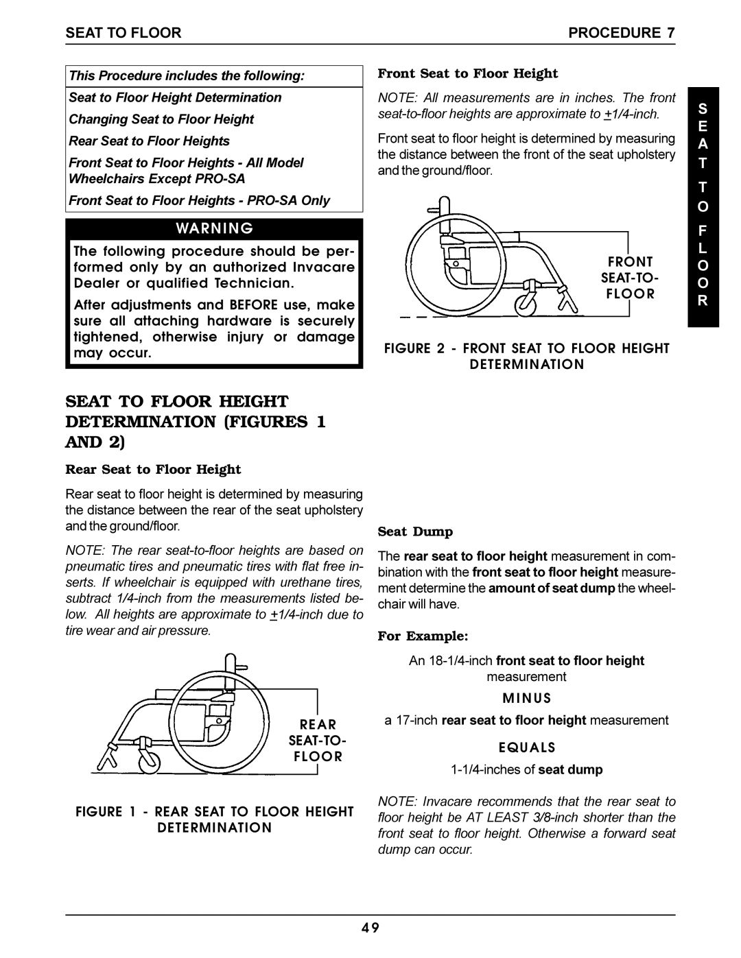 Invacare Pro Series manual Seat to Floor Height Determination Figures 1, Seat to Floor Procedure 