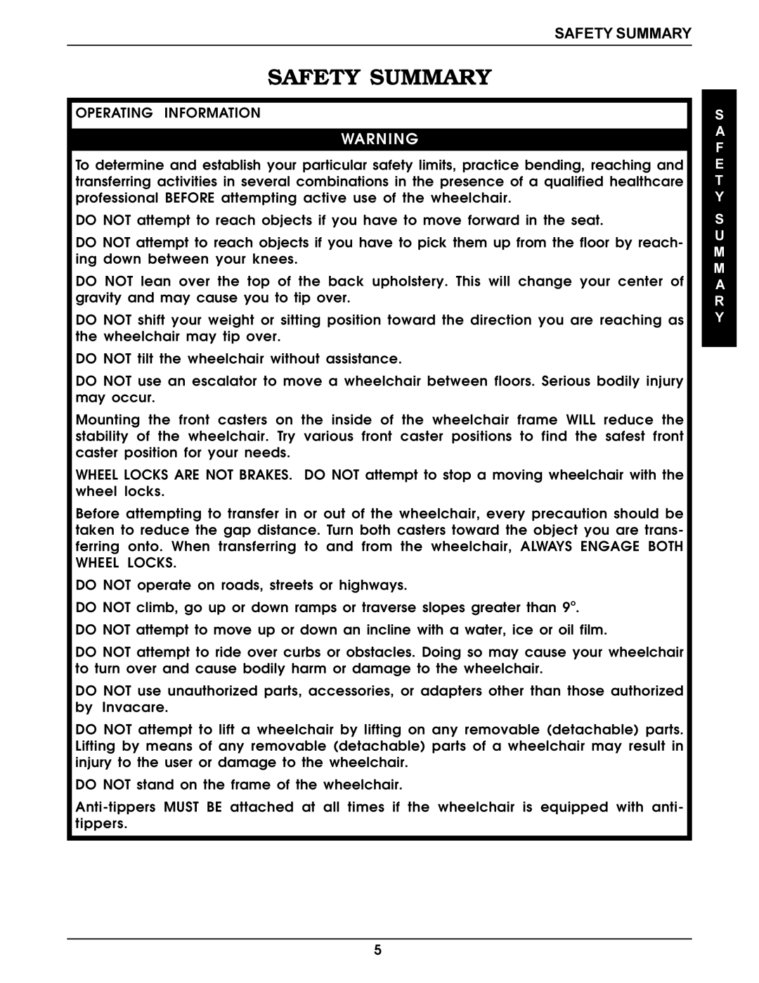 Invacare Pro Series manual Safety Summary 