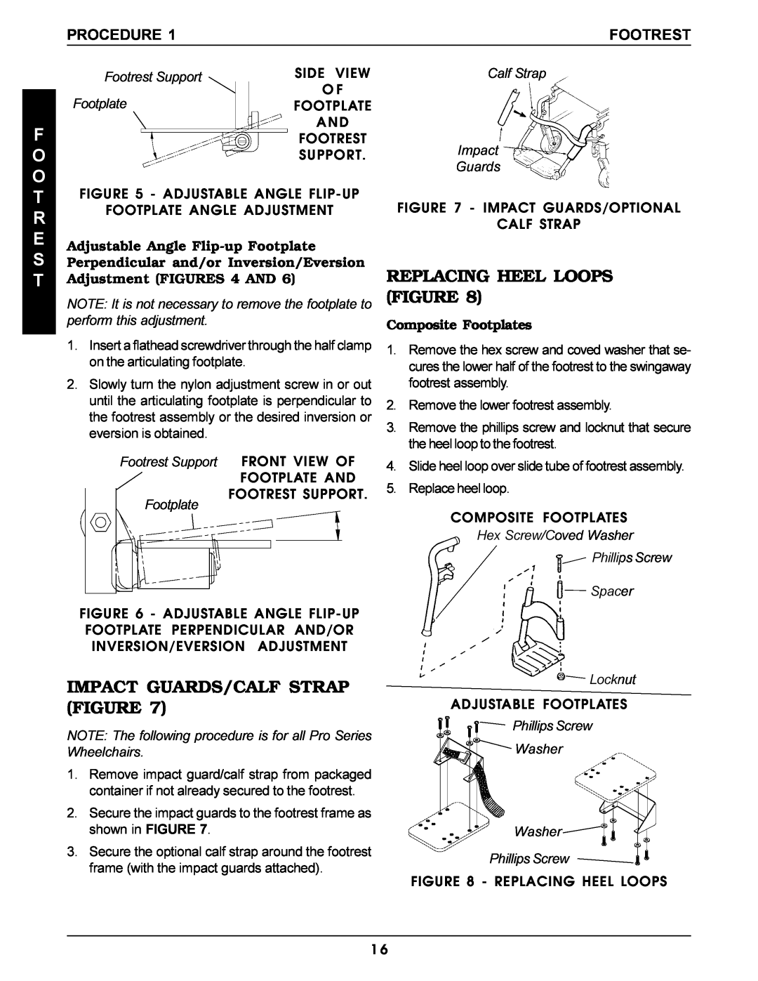 Invacare Pro Series Replacing Heel Loops Figure, Impact Guards/Calf Strap Figure, Composite Footplates, F O O T R E S T 