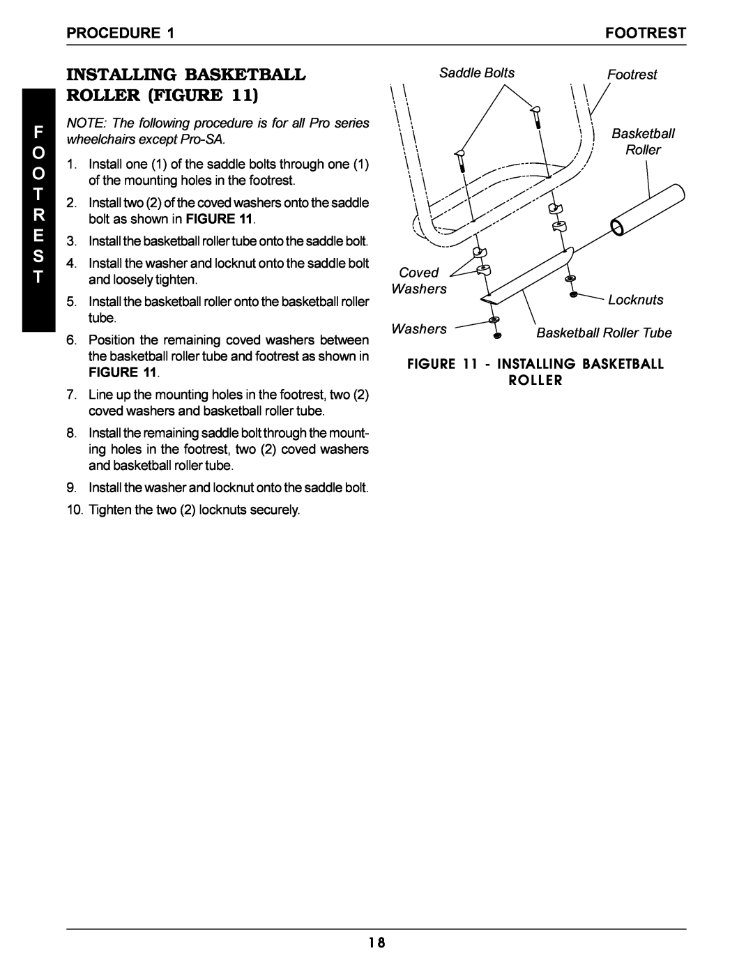 Invacare Pro Series manual Installing Basketball Roller Figure, F O O T R E S T, Procedure, Footrest 