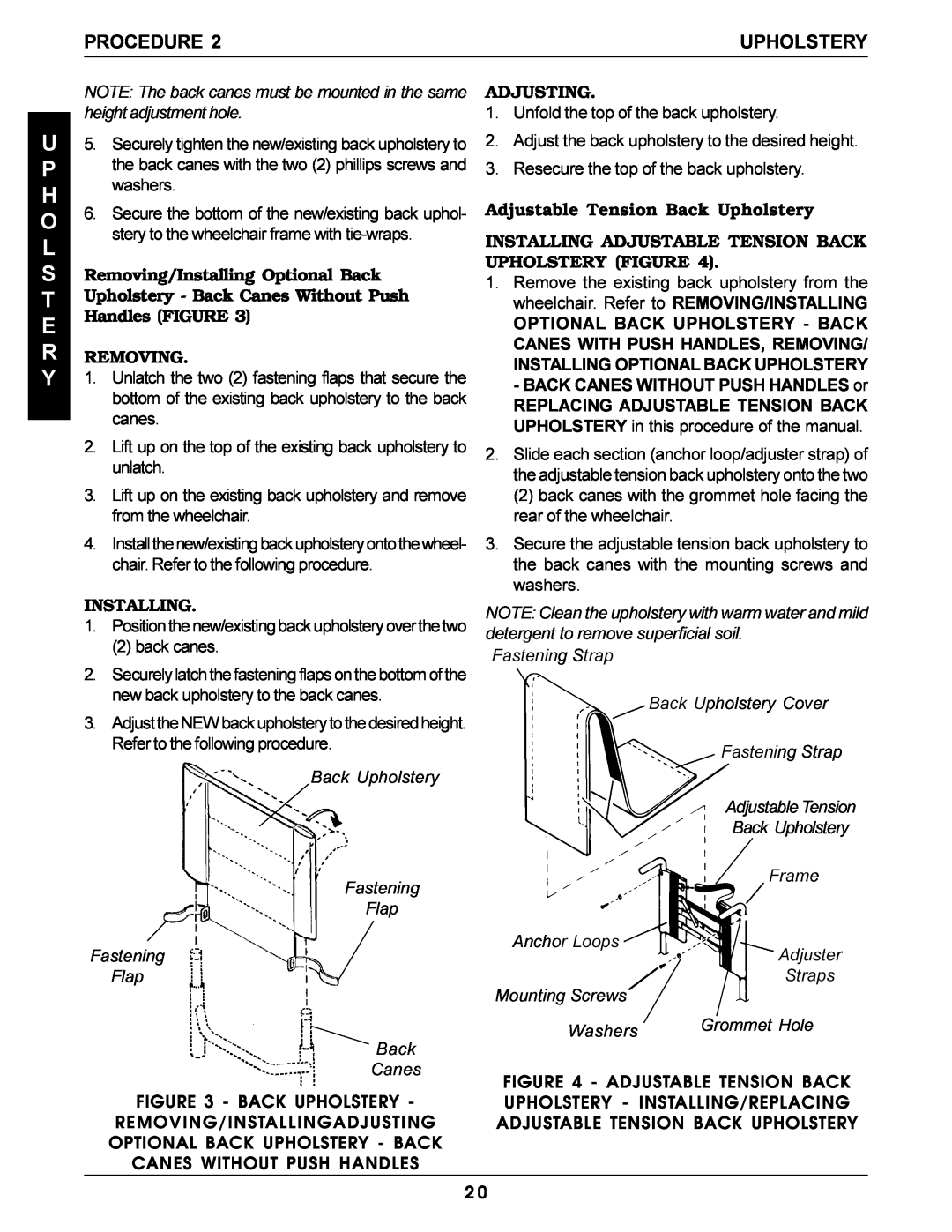 Invacare Pro Series manual Removing/Installing Optional Back, Adjusting, Adjustable Tension Back Upholstery, Procedure 