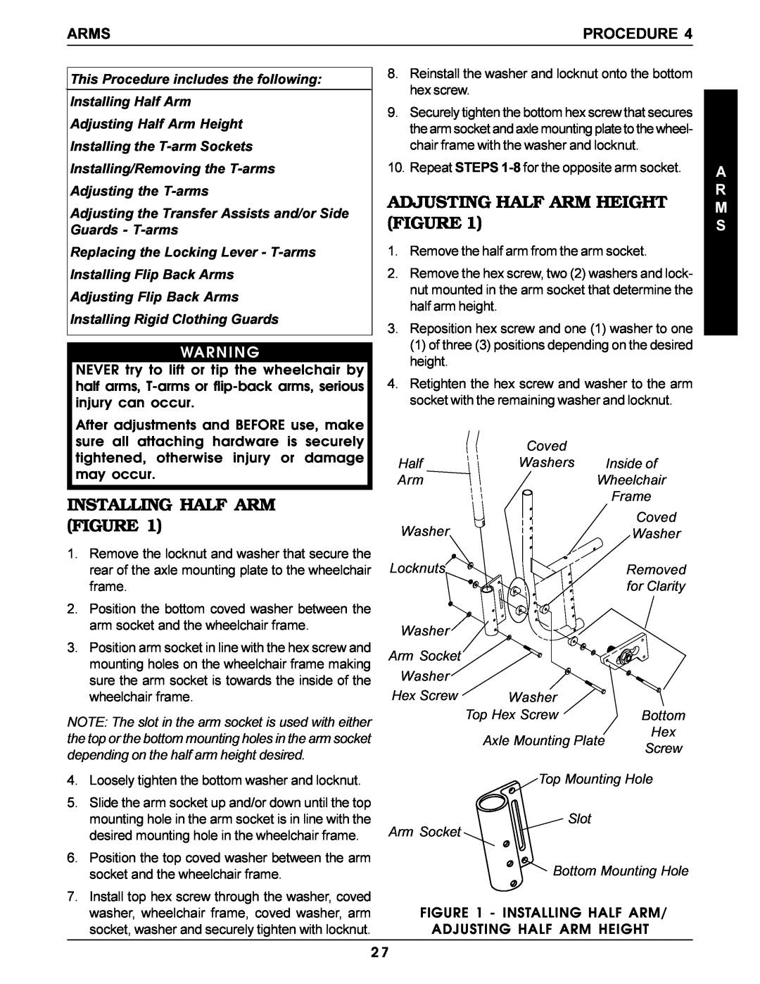 Invacare Pro Series manual Installing Half Arm Figure, Adjusting Half Arm Height Figure, Arms, A R M S, Procedure 