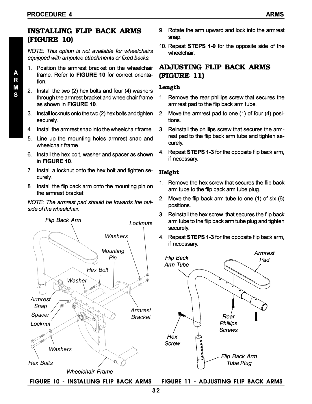 Invacare Pro Series Installing Flip Back Arms Figure, Adjusting Flip Back Arms Figure, Length, Height, Procedure, A R M S 