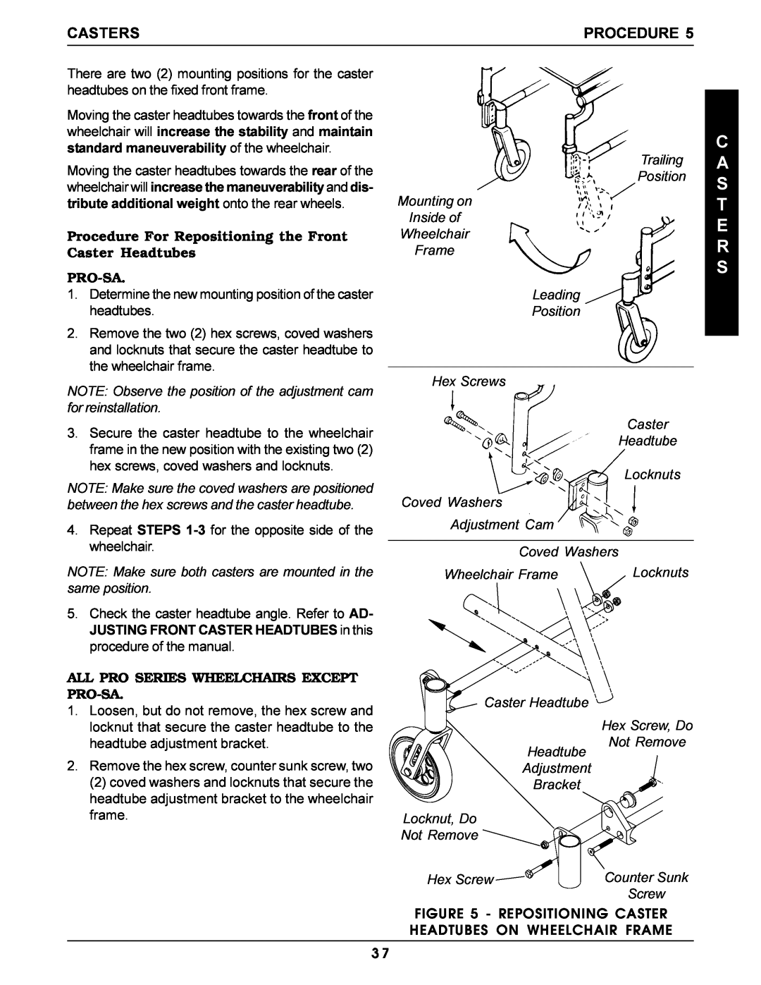Invacare Pro Series manual Procedure For Repositioning the Front Caster Headtubes PRO-SA, C A S T E R S, Casters 