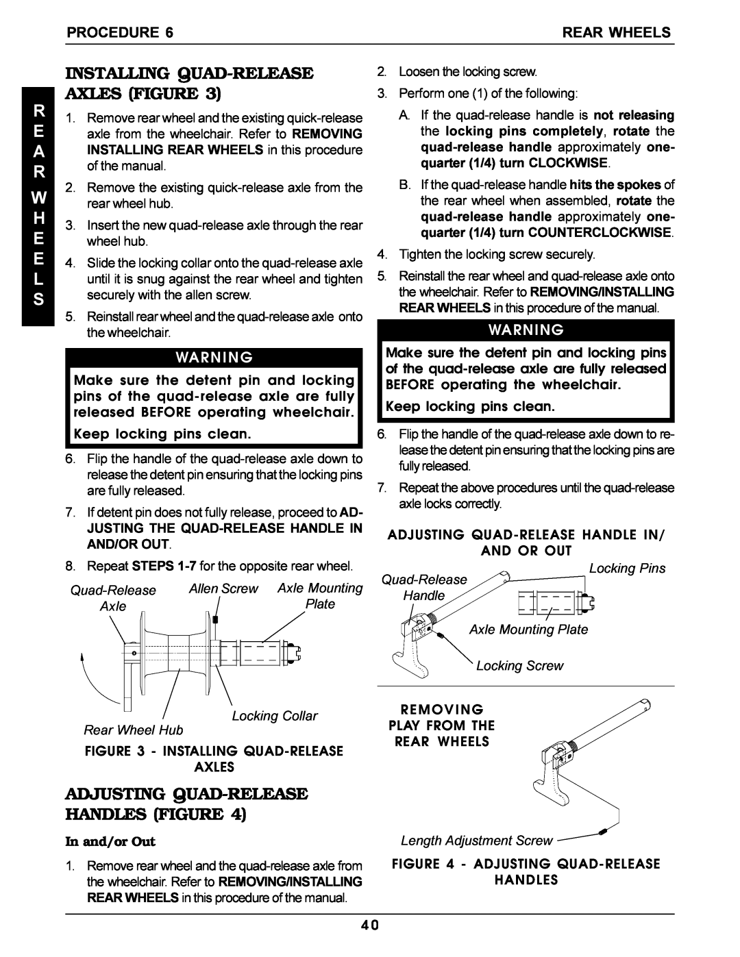 Invacare Pro Series Installing Quad-Release Axles Figure, Adjusting Quad-Release Handles Figure, And/Or Out, In and/or Out 