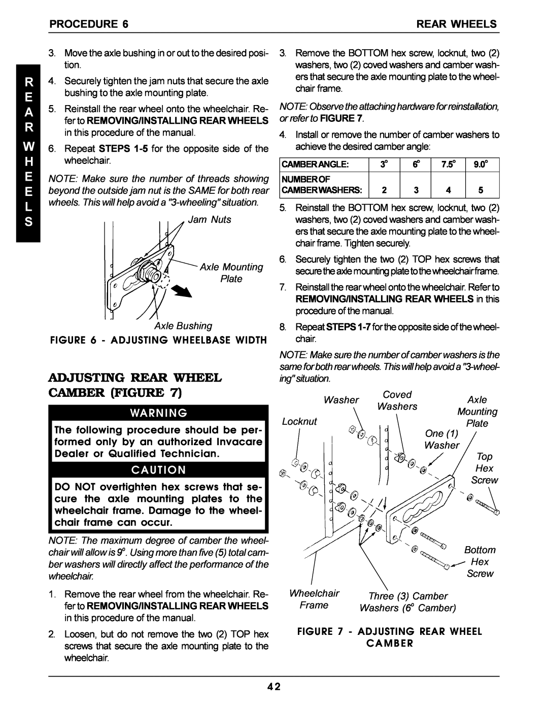 Invacare Pro Series Adjusting Rear Wheel Camber Figure, R E A R W H E E L S, Procedure, Rear Wheels, Camberangle, Numberof 