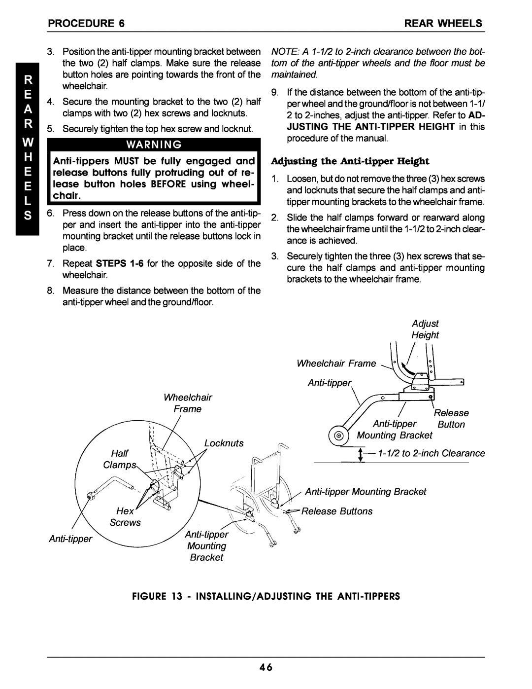 Invacare Pro Series manual Adjusting the Anti-tipper Height, R E A R W H E E L S, Procedure, Rear Wheels 