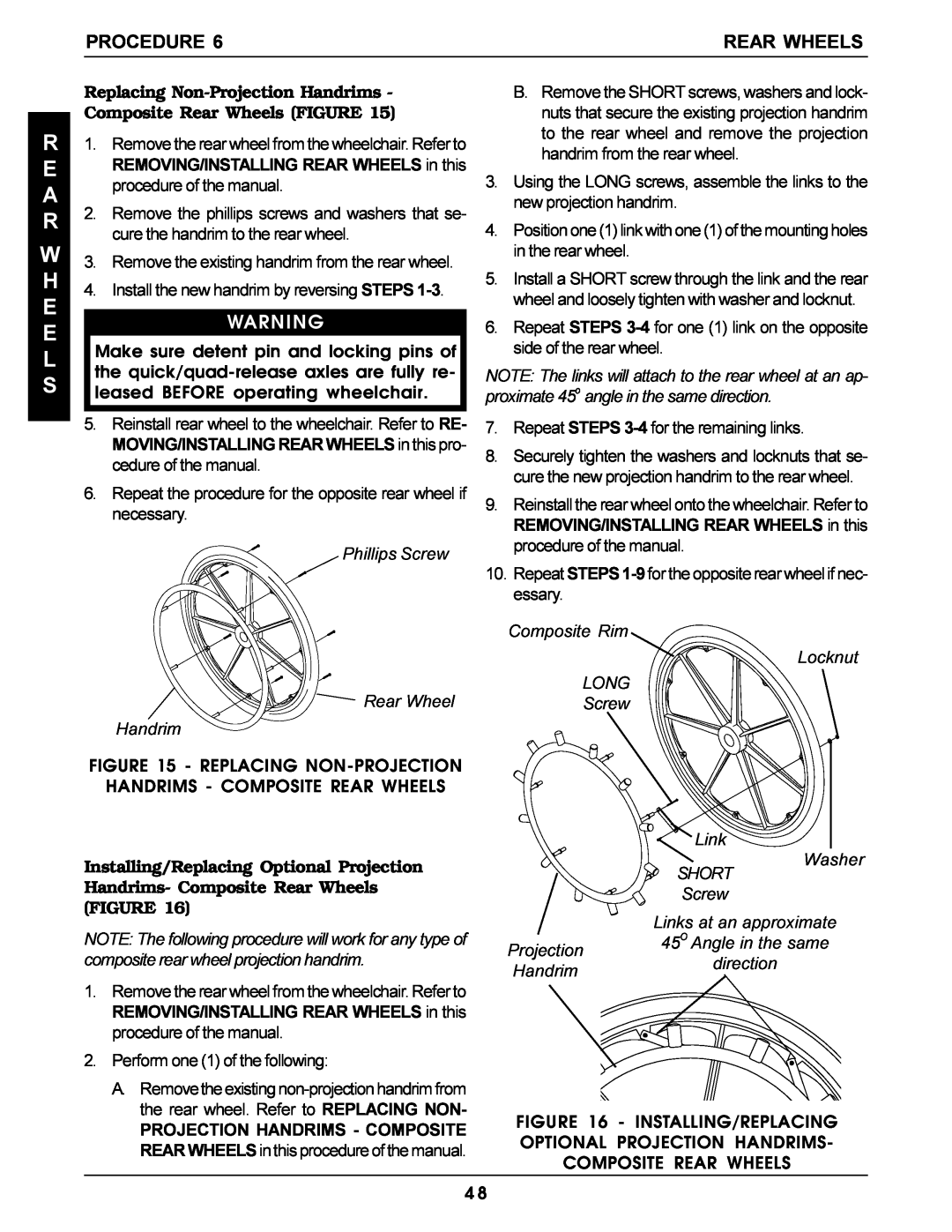 Invacare Pro Series manual Replacing Non-Projection Handrims - Composite Rear Wheels FIGURE, R E A R W H E E L S, Procedure 