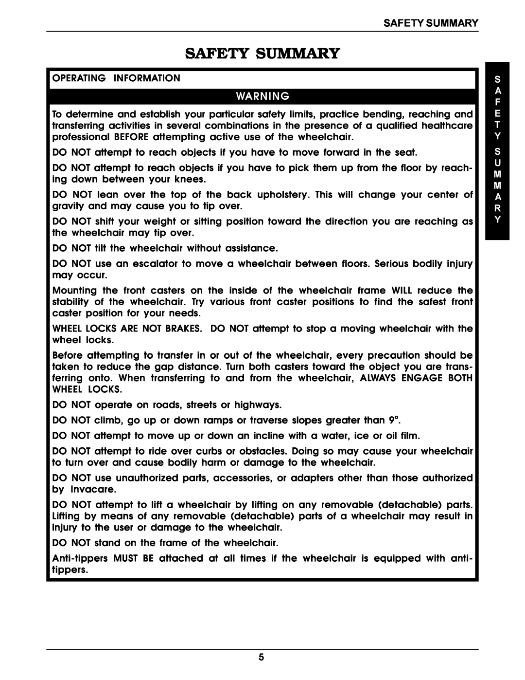 Invacare Pro Series manual Safety Summary, S A F E T Y S U M M A R Y 