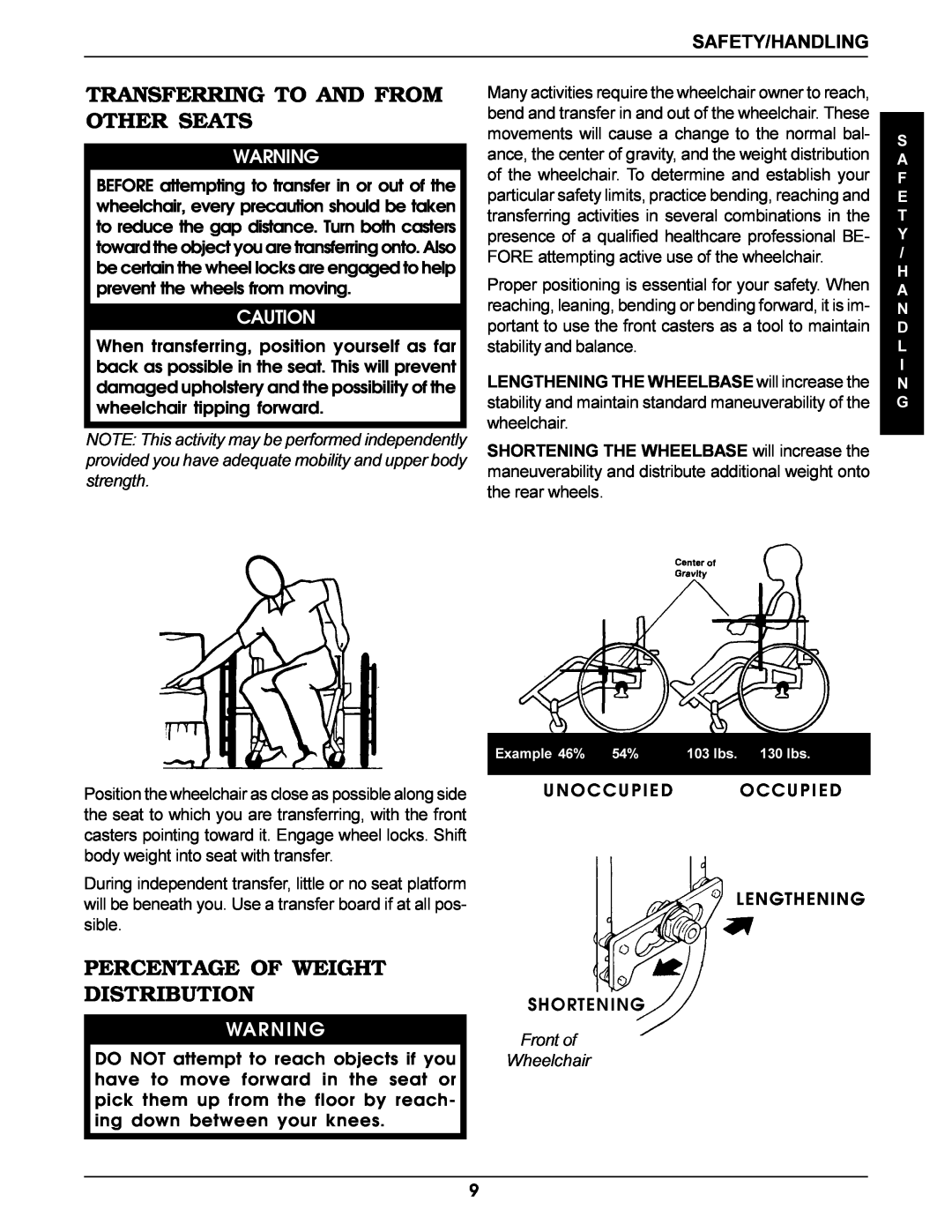 Invacare Pro Series manual Transferring To And From, Other Seats, Percentage Of Weight Distribution, Safety/Handling 